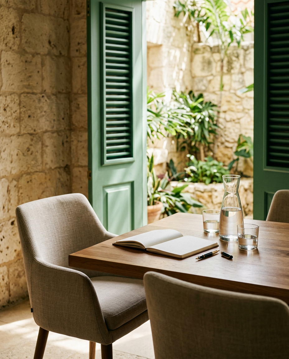 Illustrative sunlit meeting space prepared for a thoughtful advisory conversation