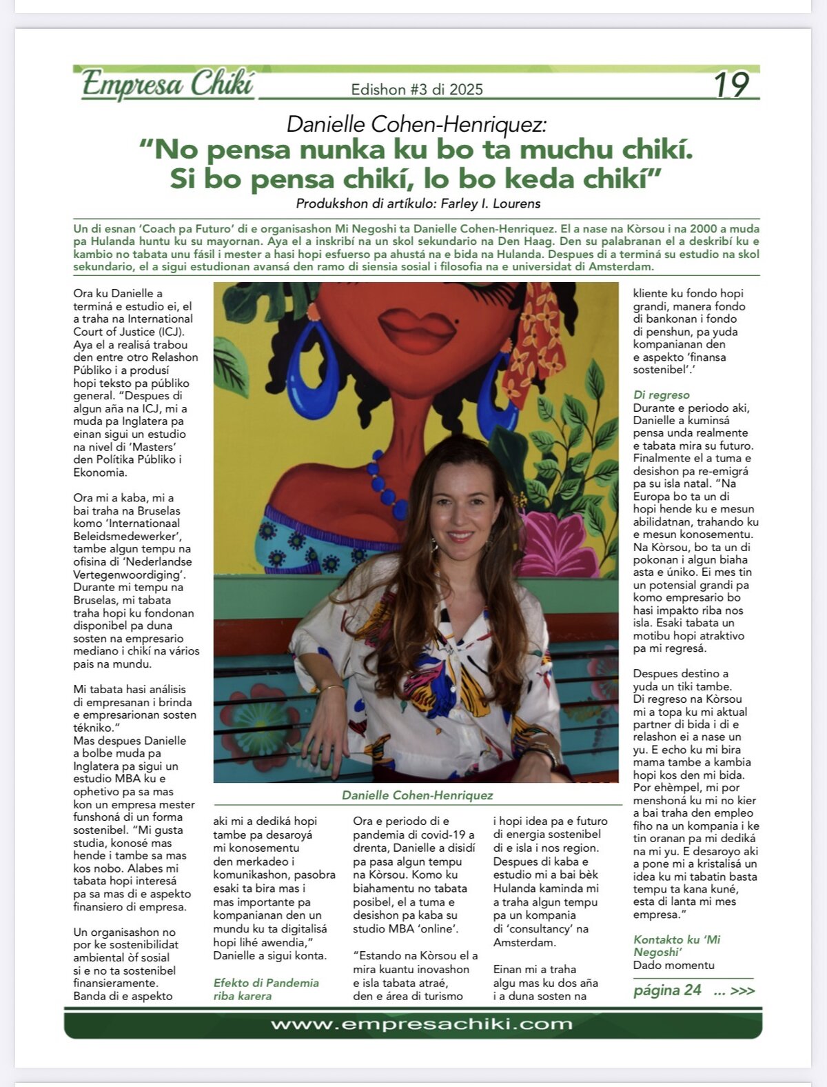 First page of the Empresa Chikí magazine article featuring Danielle Cohen Henriquez, with her photo in front of a colourful mural